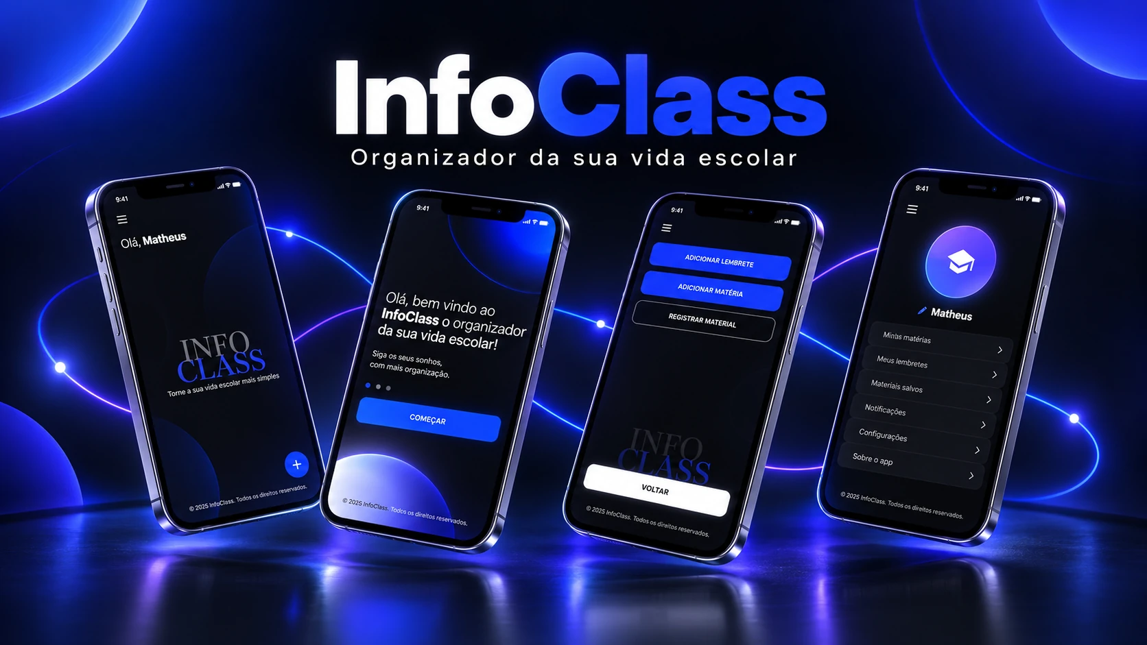 Apresentação completa do InfoClass com quatro telas do aplicativo