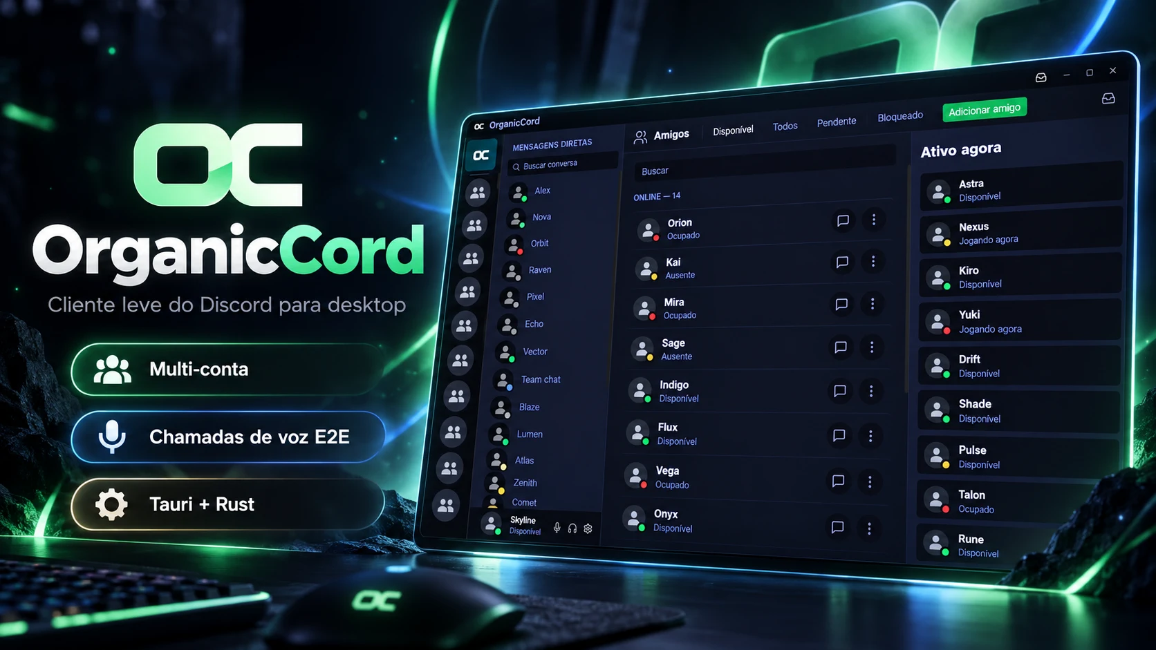 Banner OrganicCord com o logotipo e os principais recursos do cliente desktop