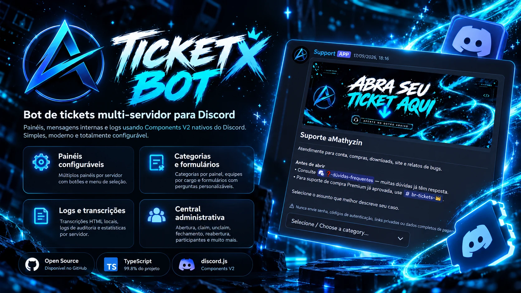 Prévia do painel de tickets do Ticketx Bot no Discord